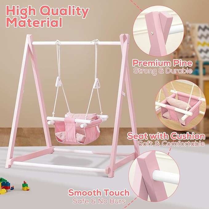 FUNLIO Montessori Wooden Swing Set for Toddlers 6-36 Months, Foldable Indoor Baby Swing Set of Durable Pine, Portable with 4 Sandbags &Extension Straps, Toddler Swing for Indoor/Outdoor-Pink