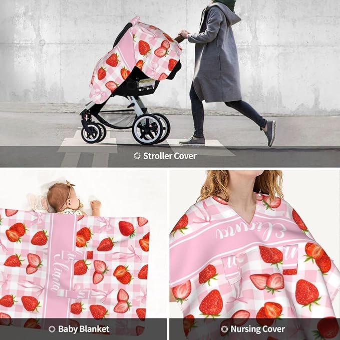 Pink Bow & Strawberry Personalized Baby Car Seat Canopy – Custom Name Minky Opening Nursing Cover, Infant Carseat & Stroller Cover for Newborn Baby Girls Gift