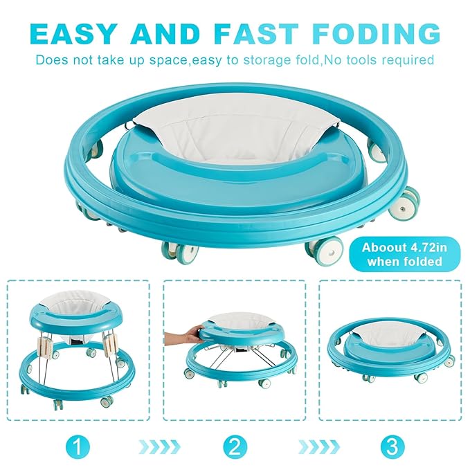 Adjustable Baby Walkers for Baby with Easy Clean Tray, Universal Wheeled Walker, Anti-Rollover Folding Walker for Girls Boys 6-18Months Toddler (Blue)