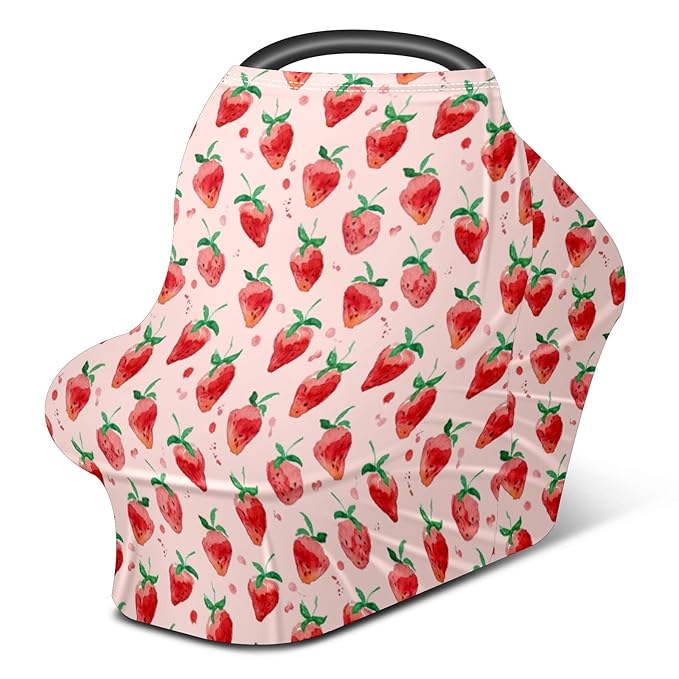 Baby Car Seat Stroller Covers Strawberry Fruit Summer Nursing Cover Breastfeeding Scarf Soft Breathable Stretchy Infant Car Canopy Coverage Carseat Cover for Boys and Girls Multi Use