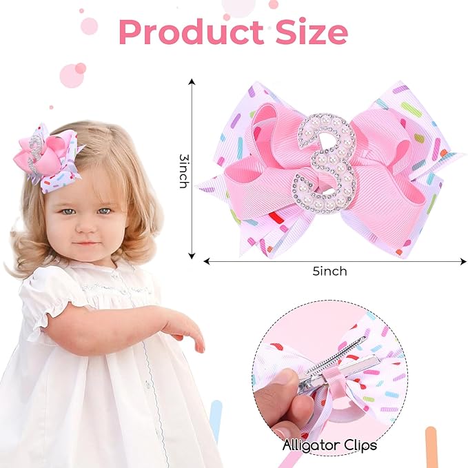 2PCS Hair Bows for Baby Girls Birthday - 3rd Birthday Hair Bow Sweet Theme with Ice Cream Party, Pink Hair Accessories for Baby Toddler 1 2 3 4 5 6 Years, Outfit & Decorations