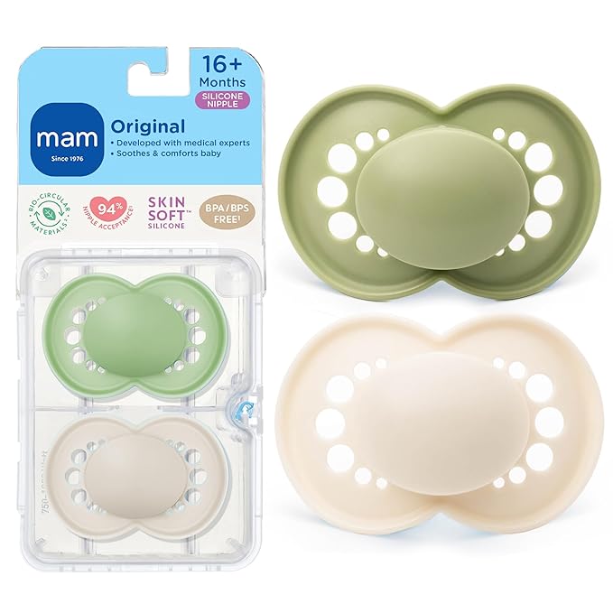 MAM Original Matte Baby Pacifiers 16+ Months, Binky for Newborn Babies, BPA-Free Skin Soft Silicone Nipple, Easy to Clean, Developed with Medical Experts, 2 Count, With Sterilizer Case, Made in Europe