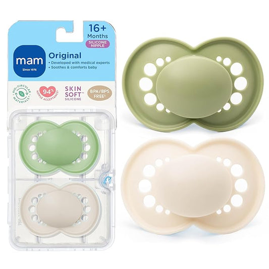 MAM Original Matte Baby Pacifiers 16+ Months, Binky for Newborn Babies, BPA-Free Skin Soft Silicone Nipple, Easy to Clean, Developed with Medical Experts, 2 Count, With Sterilizer Case, Made in Europe