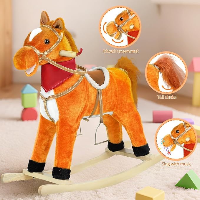 Rocking Horse for Toddlers Ages 1-6, Plush Ride On Toy with Sounds Moving Mouth & Wagging Tail, Interactive Wooden Rocker for Kids, Baby Rocking Chair Toys up to 120kg (Light Brown M)