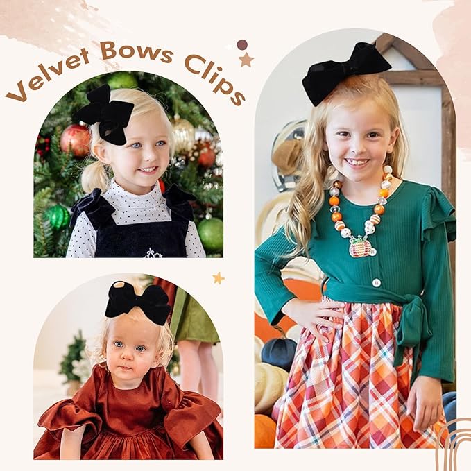 Oaoleer 2PCS 6inch Velvet Hair Bows Clips, Black Velvet Bows Hair Alligator Clips Hair Barrettes for Baby Girls Infants Toddlers Kids Teens Children
