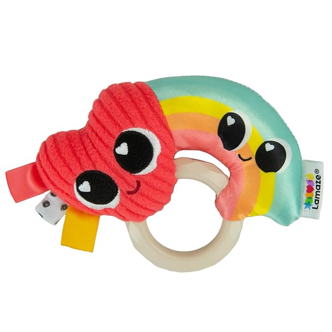 Lamaze Besties Baby Rattle – Soft Rainbow Heart Baby Rattle with Silicone Ring Grip for Tummy Time Toys - Baby Valentine's Day Toys - Ages 0 Months and Up