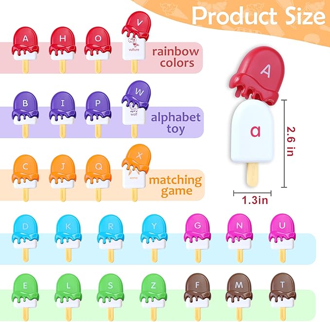USATDD ABC Alphabet Learning Toys Alphabet Popsicles Animal Matching Toy Uppercase Lowercase Preschool Learning Activities Montessori Toys Easter Gifts for Kids, 52 Pcs