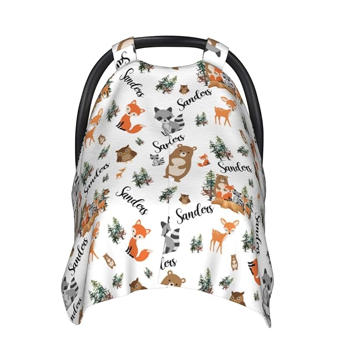 Personalized Baby Car Seat Canopy for Babies, Custom Name Woodland Animals Baby Car Seat Covers for Boys Girls, Opening Minky Nursing Breastfeeding Cover for Infant, Carseat Canopies for Newborn