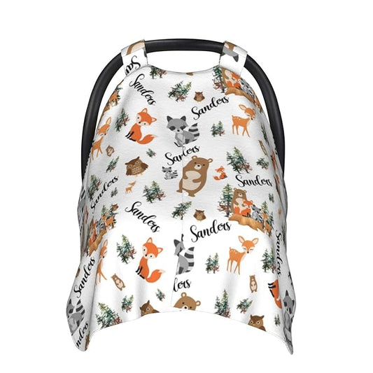 Personalized Baby Car Seat Canopy for Babies, Custom Name Woodland Animals Baby Car Seat Covers for Boys Girls, Opening Minky Nursing Breastfeeding Cover for Infant, Carseat Canopies for Newborn
