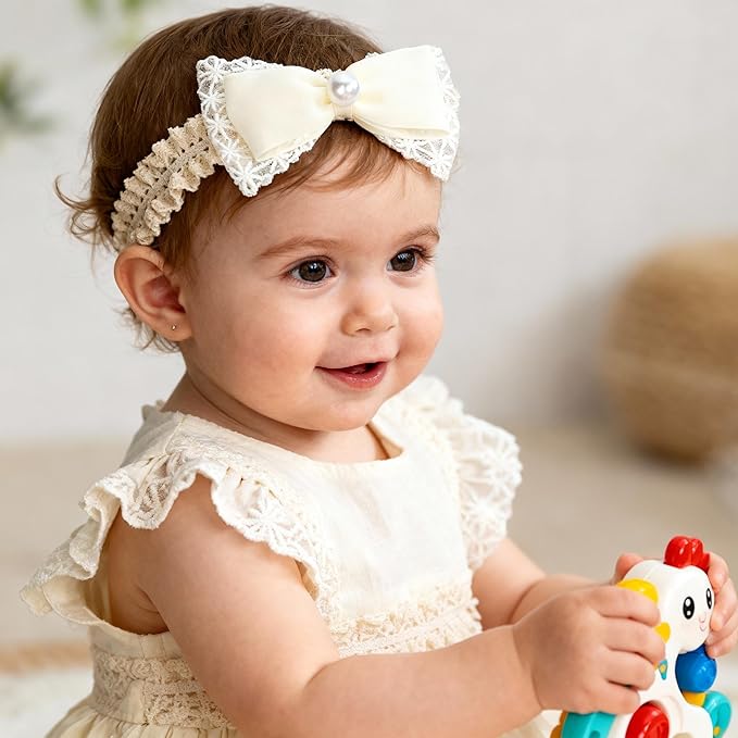 Handmade Baby Girl Headbands in Beige Baby Bows and Floral Lace Headband Bows for Newborns and Toddlers Cute Baby Girl Bows and Newborn Headband Bows