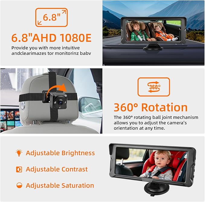 Baby Car Camera for 2 Kids 1080P Split-Screen Monitor Dual Cam Rear-Facing Cameras IR Night Vision 360° Rotatable Backseat Screen, Car Seat Mirror Alternative (0079 with 6.86in Monitor)