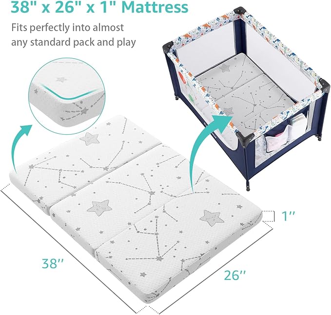 YENING Trifold Pack and Play Mattress Pad Foldable 38x26 Waterproof Baby Mattress for Pack N Play Matress Topper Breathable 1" Thick
