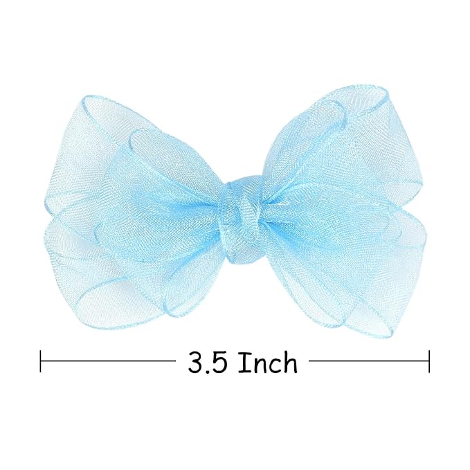 3.5-Inch Organza Hair Bows for Girls - Elegant Sheer Ribbon Alligator Clips for Toddlers, Kids, and Teens - Pack of 2, Sky Blue