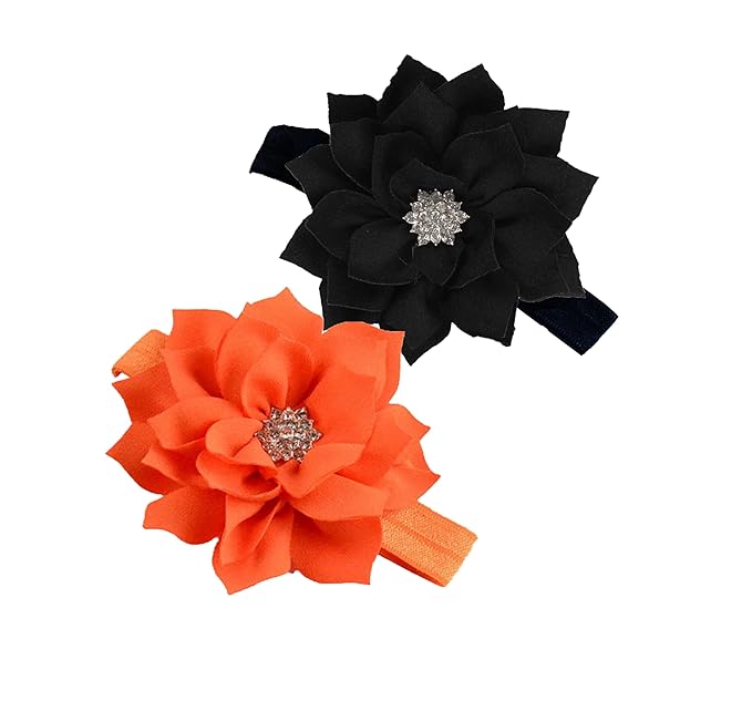 Orange Black Girl Baby Flower Headbands Rhinestone Flower Princess.(FD83-Orange Black)