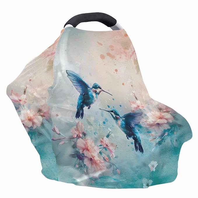 Forchrinse Blue Hummingbird Floral Baby Car Seat Cover Soft Stretchy Breastfeeding Nursing Cover Multi Use Cover for Shopping Cart/High Chair/Stroller