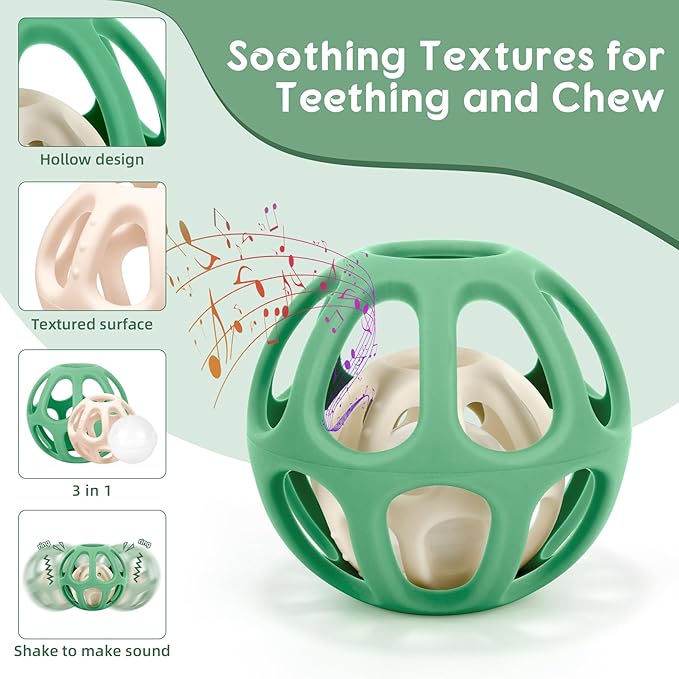MCGMITT Baby Montessori Sensory Toys for 0-6 6-12 Months, Easy Grasp Silicone Baby Teether Teething Rattle Toy, BPA-Free Infant Teether Ball Chew Rattle Toys, Removable Inner Ball, Soft Hollow Design