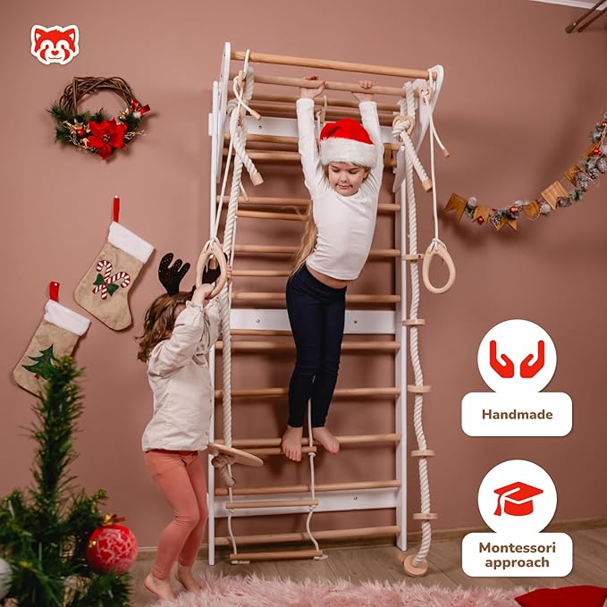 Wood And Hearts Swedish Ladder for Kids with Rope Accessories - Indoor Jungle Gym, Indoor Jungle Gym for Kids Ages 3-16, Indoor Climbing Gym (Swedish Ladder of 2 Parts (White))