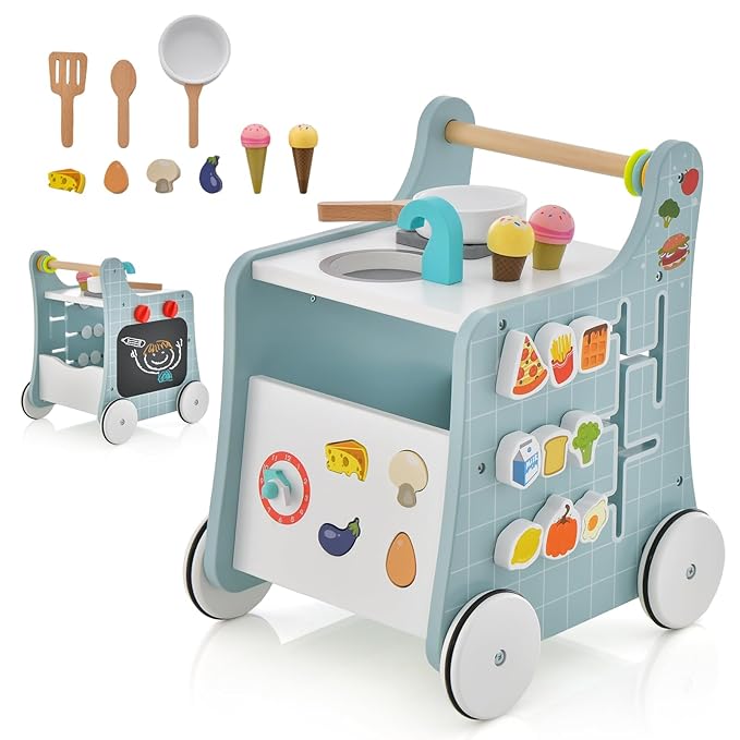 HONEY JOY Baby Push Walker, 6-in-1 Wooden Play Kitchen Walker Activity Center w/Shape Sorter & Blackboard, Develop Motor Skills, Push Toys for Babies Learning to Walk, Gift for Boys and Girls (Blue)