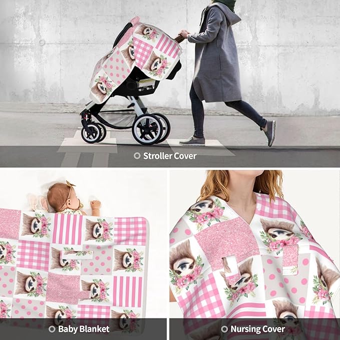 Pink Glitter Sloth Floral Car Seat Canopy Cover, Universal Fit for Infant Car Seats，Breathable,Multi-Use Nursing Cover, Gift Ready