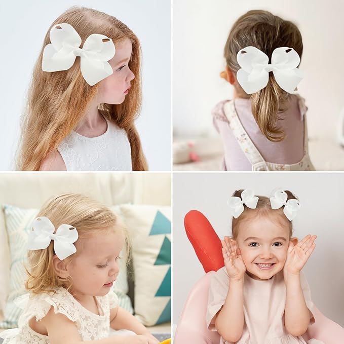 Hair Bows for Girls Alligator Clips White Grosgrain Ribbon Solid Color Hair Accessories for Little Teen Toddler Girls Kids (6inch ×2, 4inch ×2, 3inch ×2)