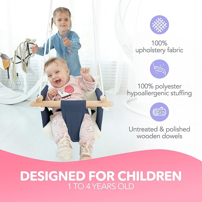 CaTeam - Canvas Baby Swing, Wooden Hanging Swing Seat Chair with Safety Belt, Durable Baby Swing Chair, Outdoor and Indoor Swing for Kids, Mounting Hardware Included, Blue