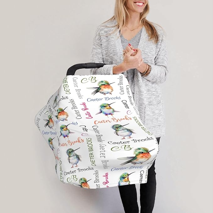 Personalized Car Seat Covers for Babies with Name – Multi-use Breastfeeding Cover Custom Hummingbird Carseat Canopy Cover, Infant Stroller Covers for Boys and Girls