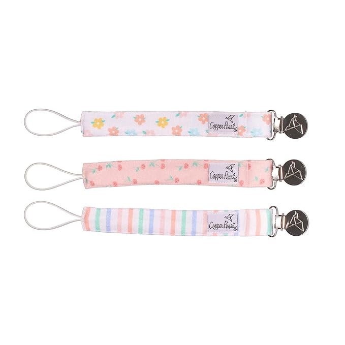 Copper Pearl Pacifier Clip 3-Pack: Premium Knit Binky Clips for Baby Girls and Boys - Stylish Stainless Steel Pacifier Holder Clip - Cheery