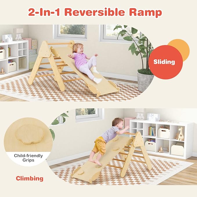 HONEY JOY 5 in 1 Wooden Climbing Toys for Toddlers, Triangle Climber with Ramp for Sliding or Climbing, Indoor Beech Montessori Triangle Climbing Arch Set for Daycare, Gym & Playground, Natural
