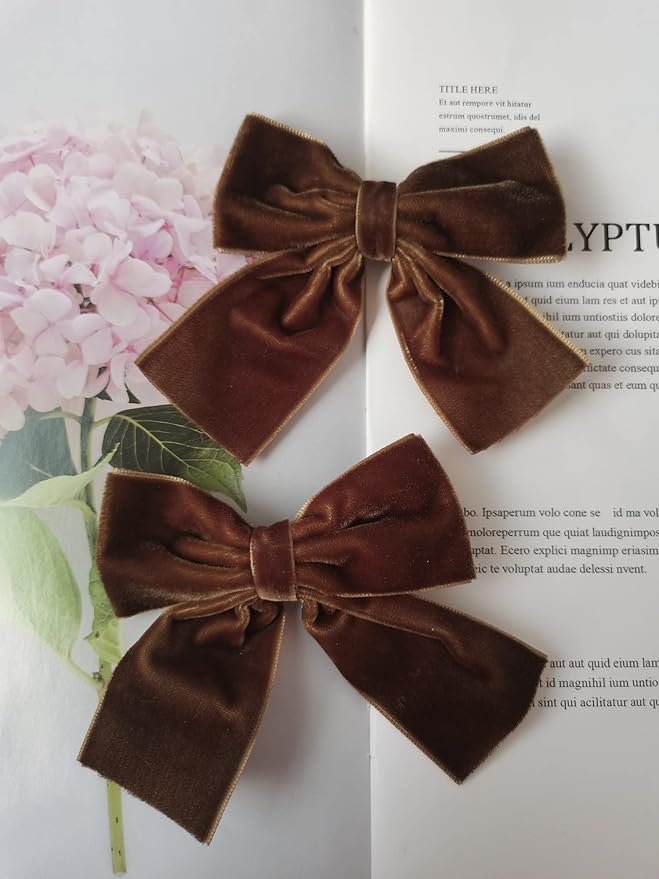 Hjiaruiky Hand-made Velvet Hair Bows Clips for Little Girls - Big Brown Bows