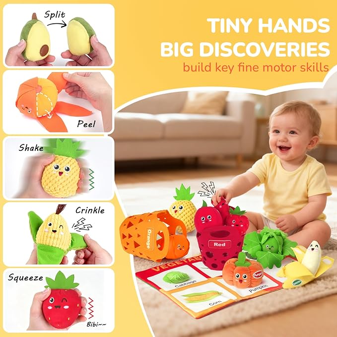 Baby Color Sorting Sensory Toys for 6-12 Months - 17 PCS Fruit Veggie Pretend Play Food Plush Toy for Toddlers 1-3, Montessori Toys for 1 Yeal Old, Boy Girl Birthday Gift Basket Stuffers