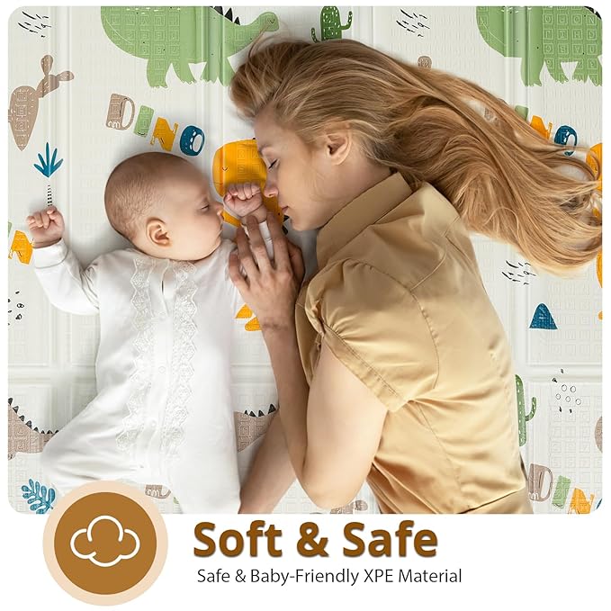 Foldable Baby Play Mat, PIGLOG 50" x 50" Waterproof Playmat for Playyards for Babies, Safe Foam Playmat for Tummy Time, Reversible Playmats, Portable Floor Mat for Infant, Toddler，Yellow Dinosaurs