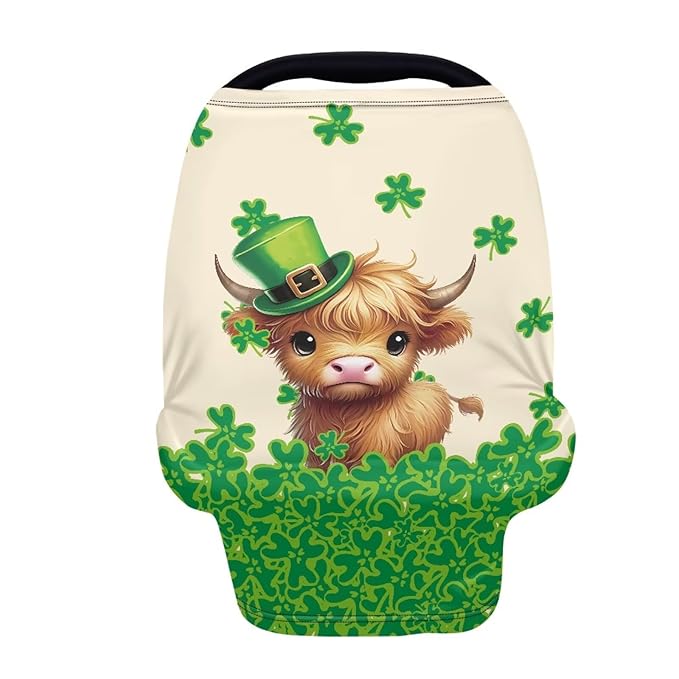 Wanyint Baby Car Seat Covers Nursing Cover Carseat Canopy Baby Breastfeeding Cover Multi-Use Nursing Scarf Infant Stroller Cover Home Decor, Highland Cow Leprechaun Hat Clover