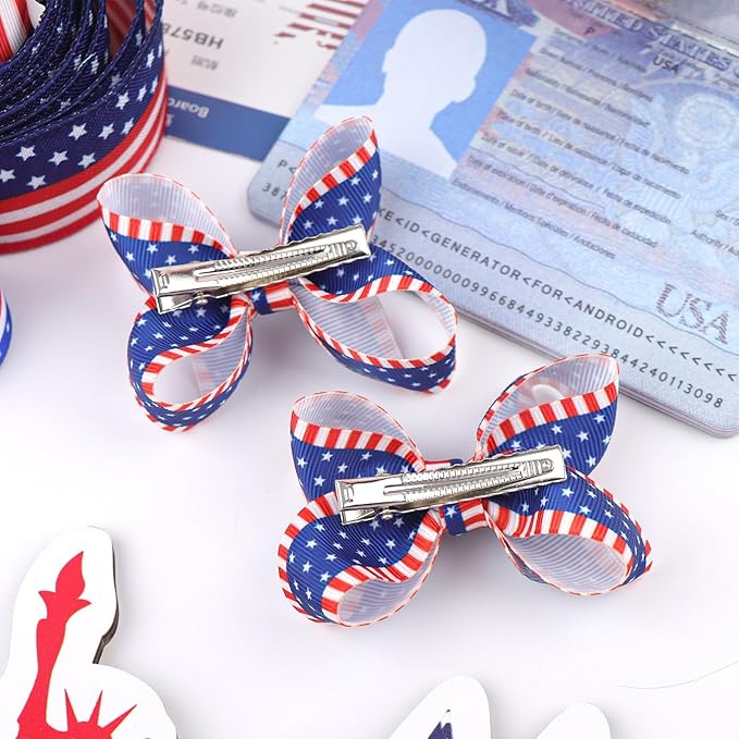 YanJie 4th of July 2pcs Hair Clips Red Blue 3'' Hair Bows American Flag Hairgrips Girls Patriotic Barrette Independence Day Hair Accessories