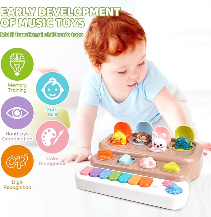 Pop Up Music Toy with Piano Keyboard - Interactive Cause and Effect Animal Game for 1-3 Year Olds, STEM Learning Educational Baby Toy with Music & Lights for Toddlers 6-12 Months