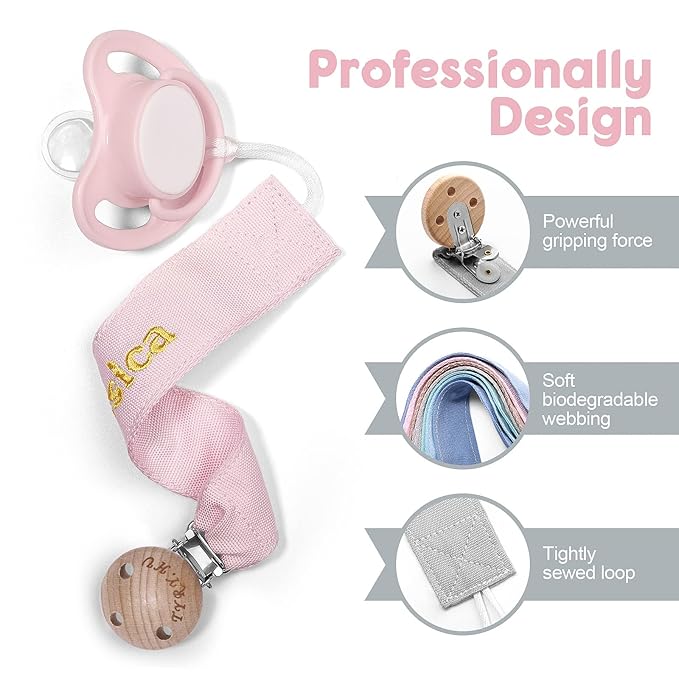 TYRY.HU Personalized Pacifier Clip with Name, Embroidery Webbing Pacifier Holder for Baby Girls and Boys, Neutral Pacifier Leash Universally Fit All Pacifiers, 2 Pack Baby Gift(Grey, Pink)