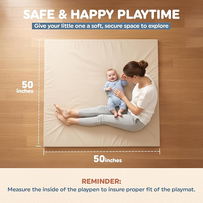 Motherly Haven Play Mat Cover Only – Fits 50x50x1 Rollable Foam Floor Mat for Babies – Waterproof, Easy to Clean Replacement Cover for Tummy Time & Crawling – Beige