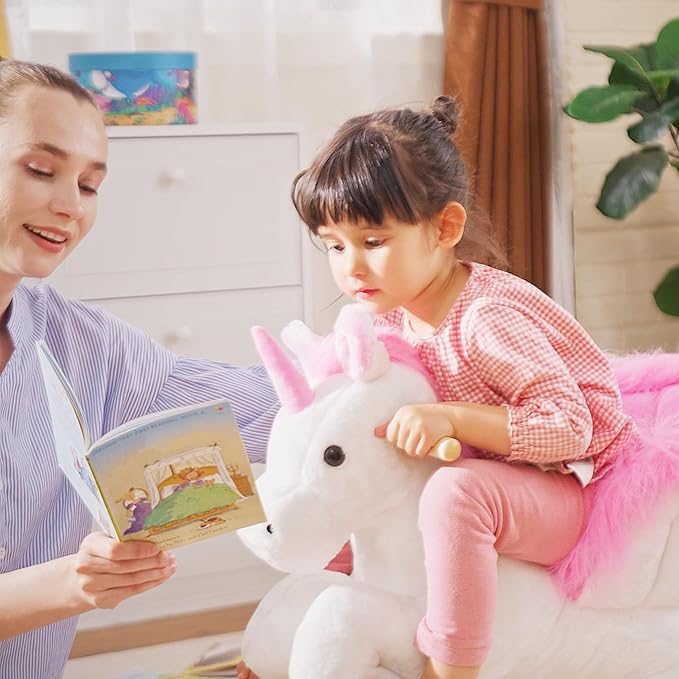 Qaba Unicorn Baby Rocking Horse Toy for Kids with Lullaby Song, Plush Ride on Horse with Heavy-Duty Support System, Interactive Toy Pretend Play Toy for Toddlers 18-36 Months