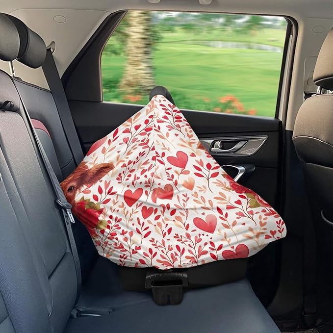 Wanyint Nursing Cover Carseat Canopy Cover Adorable Car Seat Covers for Babies Girls Boys Breathable Nursing Cover for Boys Girls for Valentine's Day Decor, Highland Cow Heart Leaf