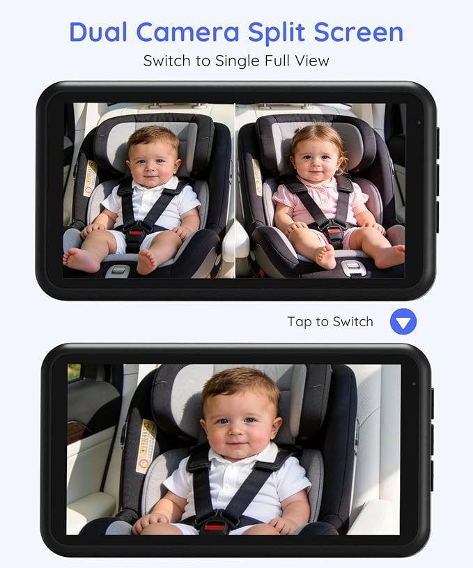 LUCKVIEW BM2 PRO Dual Baby Car Camera, 5.2" 1080P HD Display for Rear-Facing Car Seats, IR Night Vision, Anti-Shake Mount, Easy Install – Ideal for Parents with 2 Kids and Pets (Blue)