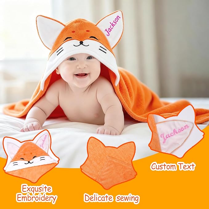 Custom Hooded Baby Towels with Name, Personalized Bunny Easter Gifts for Toddlers, Custom Baby Bath Towels for Newborn, Ultra Soft and Absorbent, Ideal for Girl Boy (Fox)