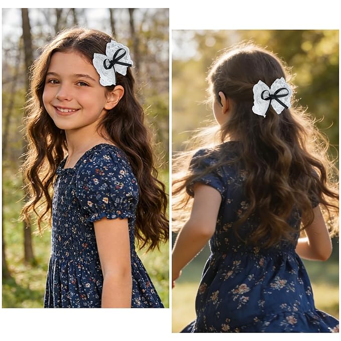2pcs black hair bow clips for girls. white lace bow with black hair ribbon, fully lined alligator clips. Handmade hair accessories for girls.