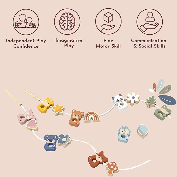 SPEEDY MONKEY Wooden Lacing Beads Set for Toddlers 24m+ | Animal Threading, Sorting & Stacking Toy | Fine Motor Skills & Hand-Eye Coordination | Shape, Color & Pattern Learning Activity Toy for Kids