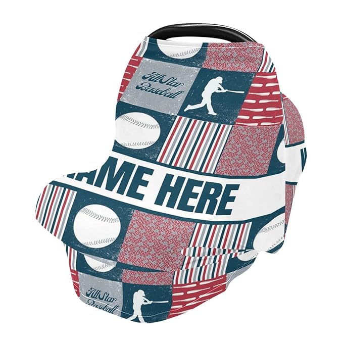 Personalized Baseball Sports Baby Car Seat Cover for Babies with Name, Custom Plaid Design Baby Car Seats Canopy for Boys, Nursing Breastfeeding Stroller Covers Infant Car Seat Blanket for Newborn