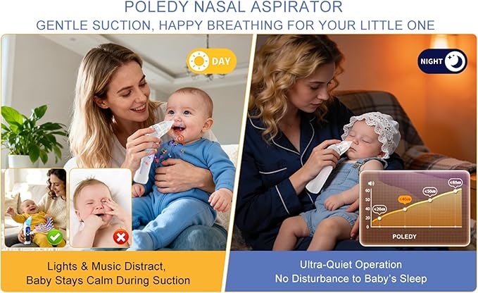 Electric Nasal Aspirator for Baby,POLEDY Waterproof Nose Sucker for Toddlers, Nose Cleaner with 3 Silicone Tips,3 Adjustable Suction Levels, Baby Booger Sucker with Music-Light Soothing Feature ﻿