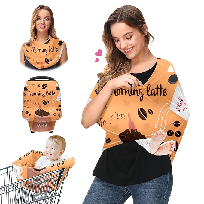 Baby Car Seat Stroller Covers Coffee Latte Spoon Nursing Cover Breastfeeding Scarf Soft Breathable Stretchy Coverage Carseat Canopy Cover for Boys and Girls Multi Use
