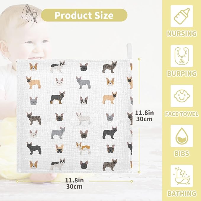 vvfelixl Baby Cotton Washcloths Different French Bulldog Infants Bath Towel for Unisex Puppy Face Towels for Newborn, Natural Baby Wipes Delicate Skin, 11.8 X 11.8 inch, one sizex3