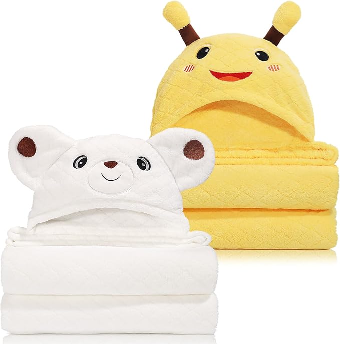 2-Pack Animal Hooded Bath Towels for Babies & Kids 0-6 Years, 50" x 32" Ultra Soft Coral Fleece Baby Towel Set, Super Absorbent, Bath Time Essentials with Cute Animal Ears, Gift Ready