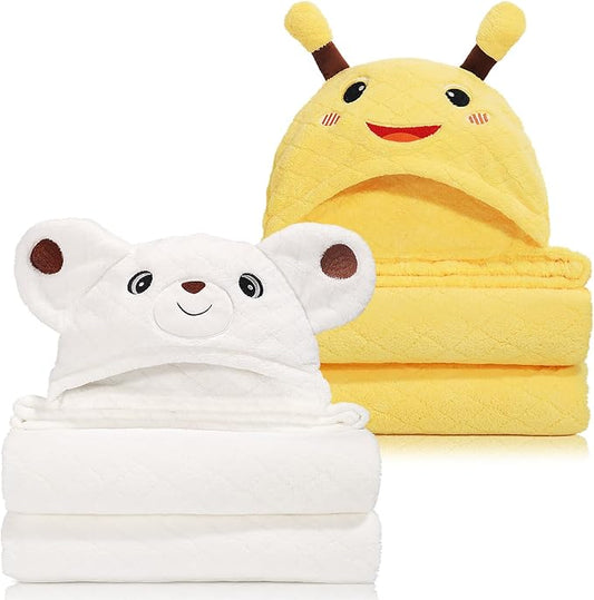 2-Pack Animal Hooded Bath Towels for Babies & Kids 0-6 Years, 50" x 32" Ultra Soft Coral Fleece Baby Towel Set, Super Absorbent, Bath Time Essentials with Cute Animal Ears, Gift Ready