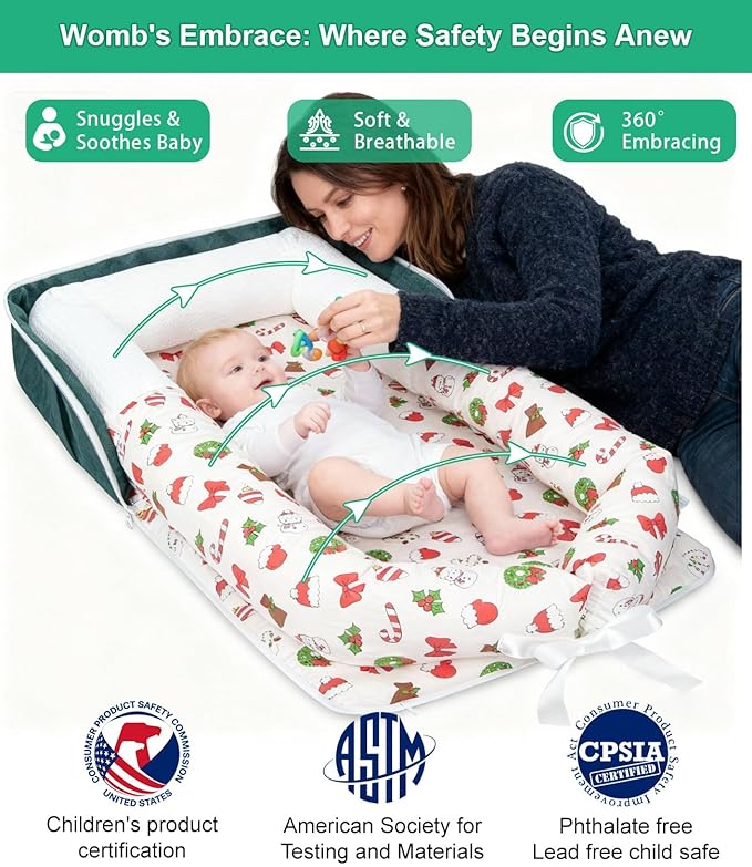 Baby Lounger, Portable Foldable Travel Lounger for Newborn 0-12 Month, Washable Lightweight Infant Nest with Canopy, Soft Breathable Baby Nest with Adorable Pattern, Home & Outdoor Use