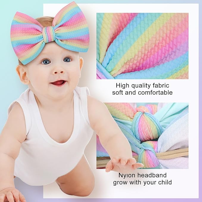 4.5'' Baby Bows Handmade Headbands 6'' Printed Tied Bow Elastic Nylon Hair Accessories for Baby Girls Newborn Infant 2 Pcs Striped Rainbow